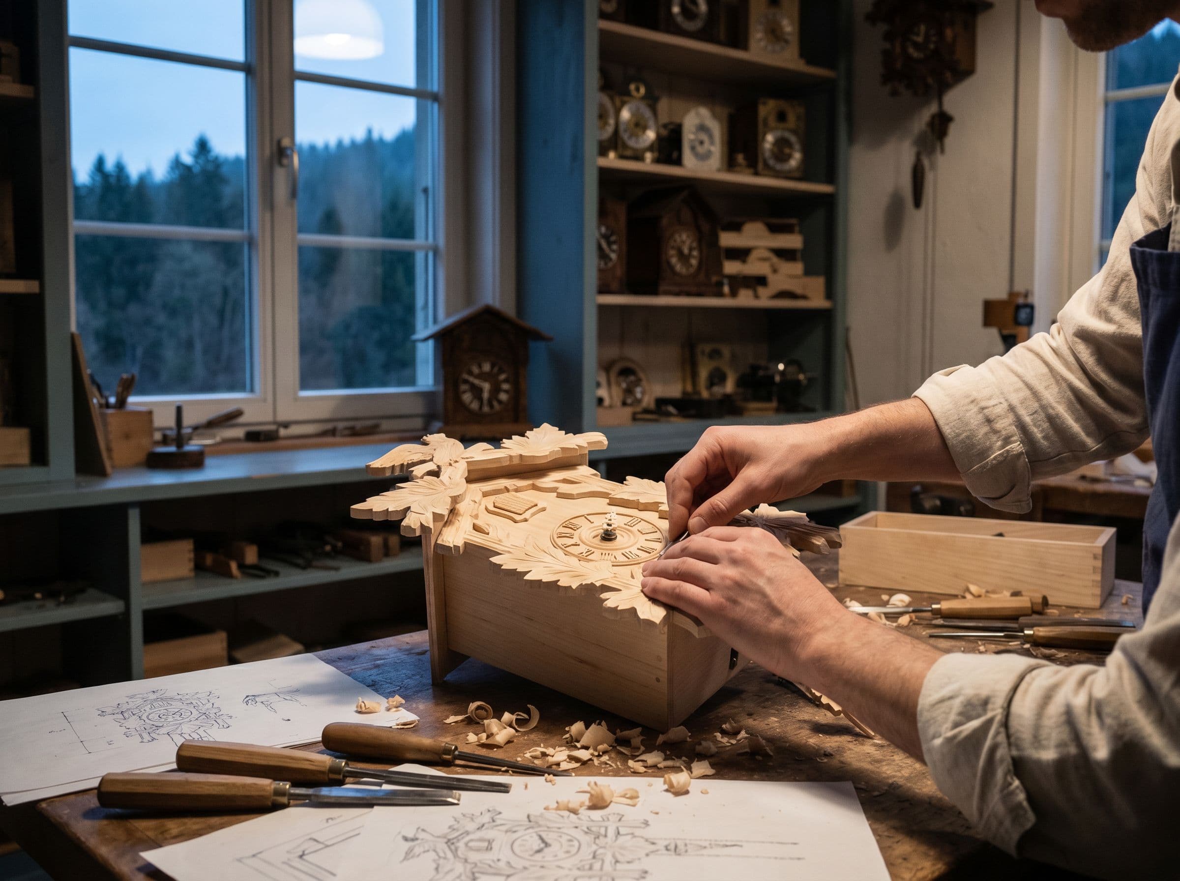 Travail du bois et des mécanismes d'horlogerie